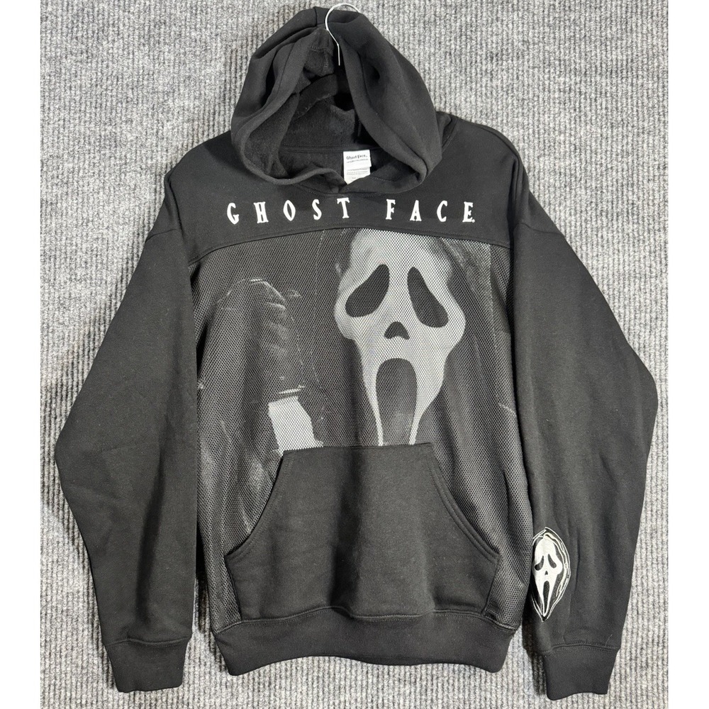 Ghost Face Hoodie NWT Scream Mask Graphic Sweatshirt Mesh Overlay Horror Size SM